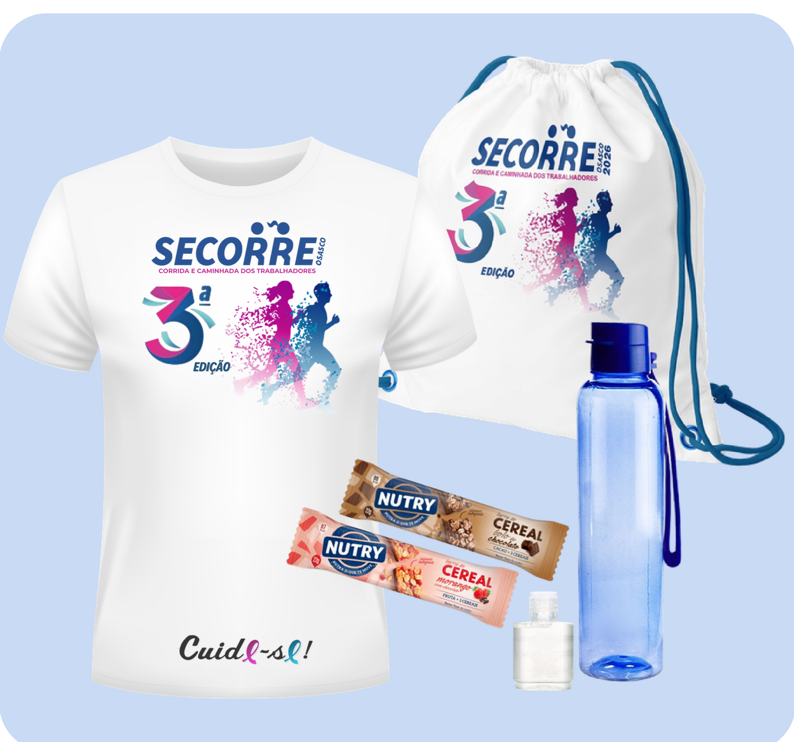 Kit SECORRE 2026 — camiseta oficial, sacochila, squeeze, barras de cereal e álcool em gel